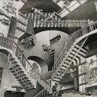 Detailed Black and White Sketch of Surreal Escher-Like Staircase