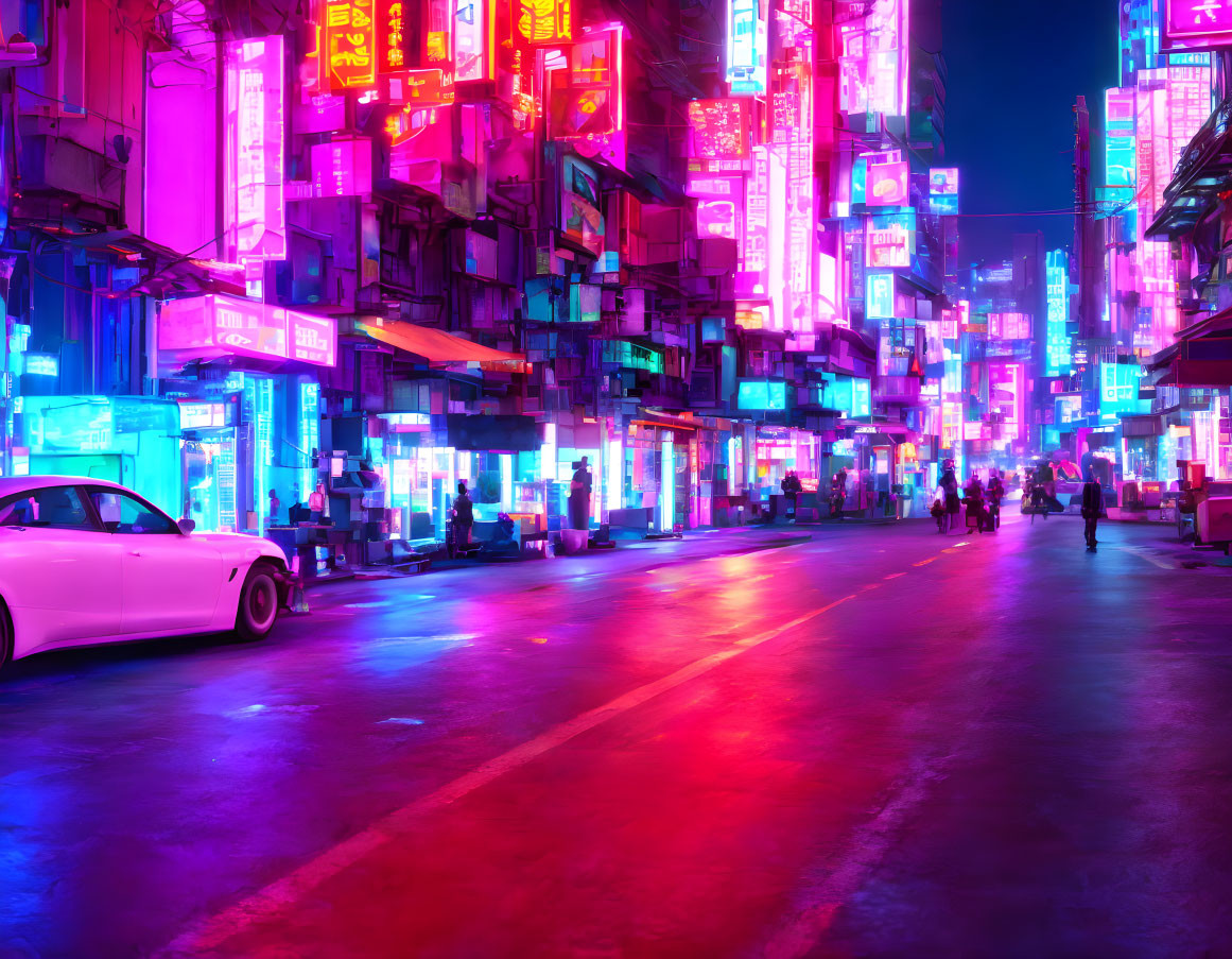Futuristic cyberpunk cityscape at night with neon signs