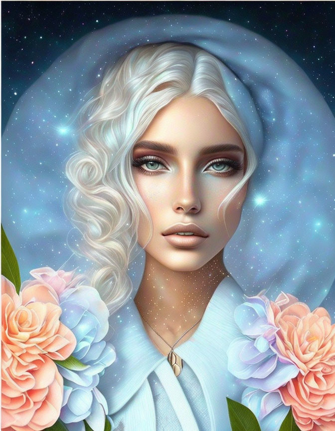Illustrated Woman with Blue Eyes, White Hair, Cosmic Background, and Pastel Roses