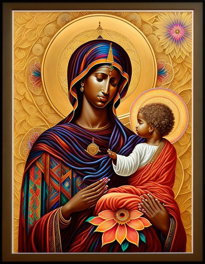 Iconographic painting of woman with child in ornate robes on golden background