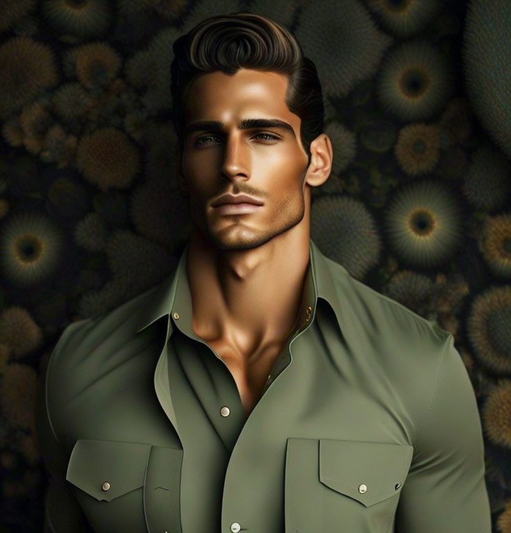 Man with chiseled features in green shirt on floral background