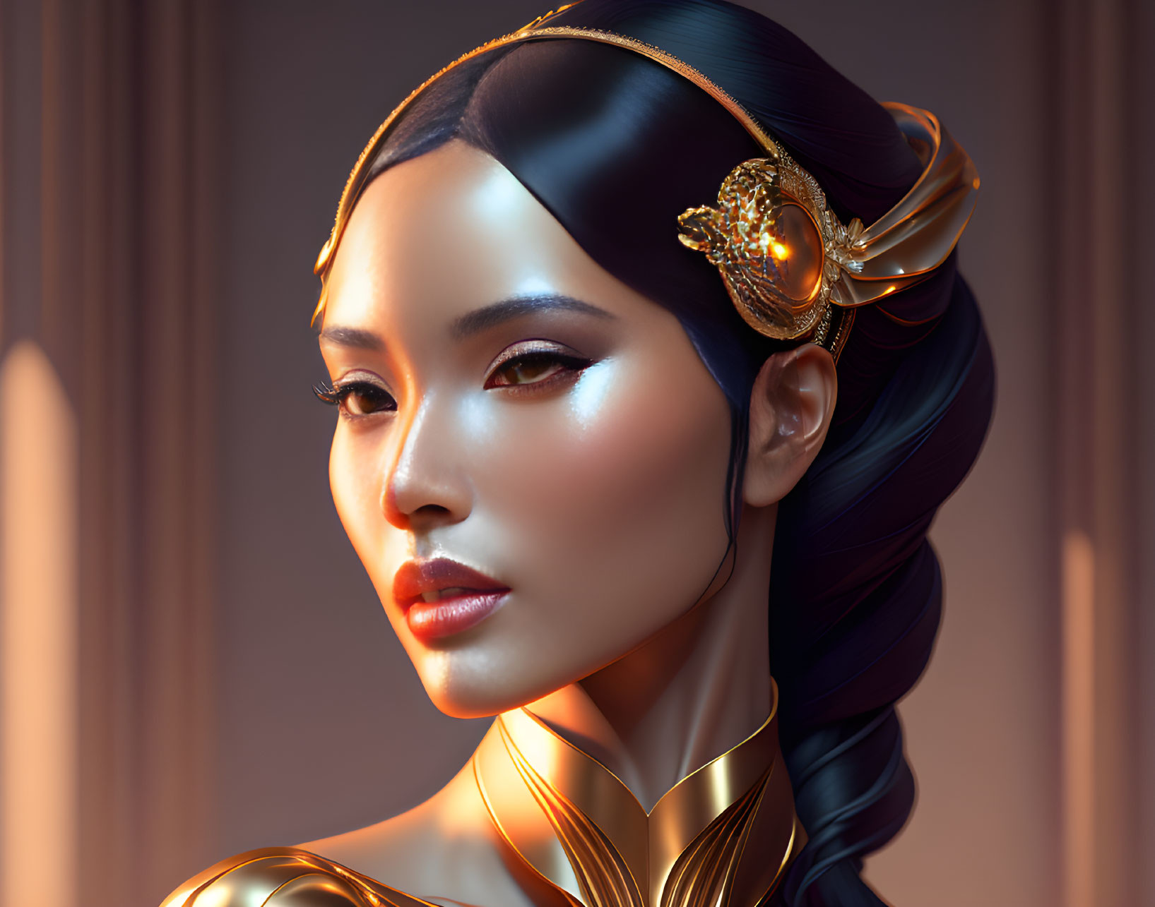 Digital portrait of woman with gold headpiece, black hair, intense gaze, flawless skin on warm backdrop