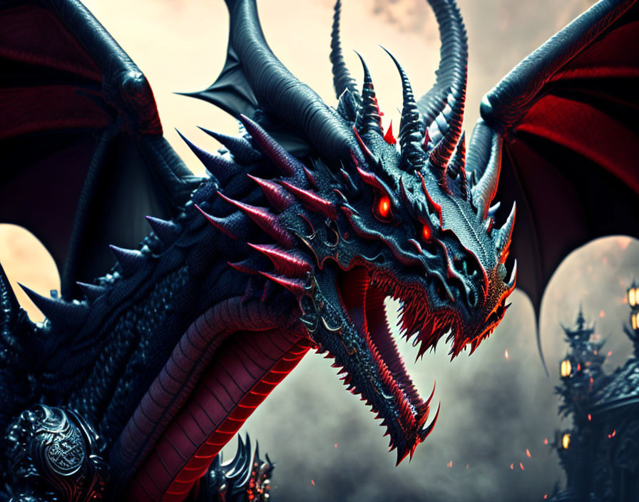 Black and Red Dragon with Glowing Eyes and Sharp Teeth in Dusky Sky