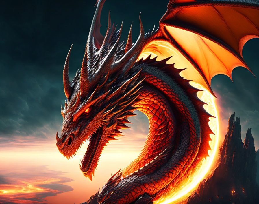 Majestic red dragon with spread wings against dramatic sunset sky