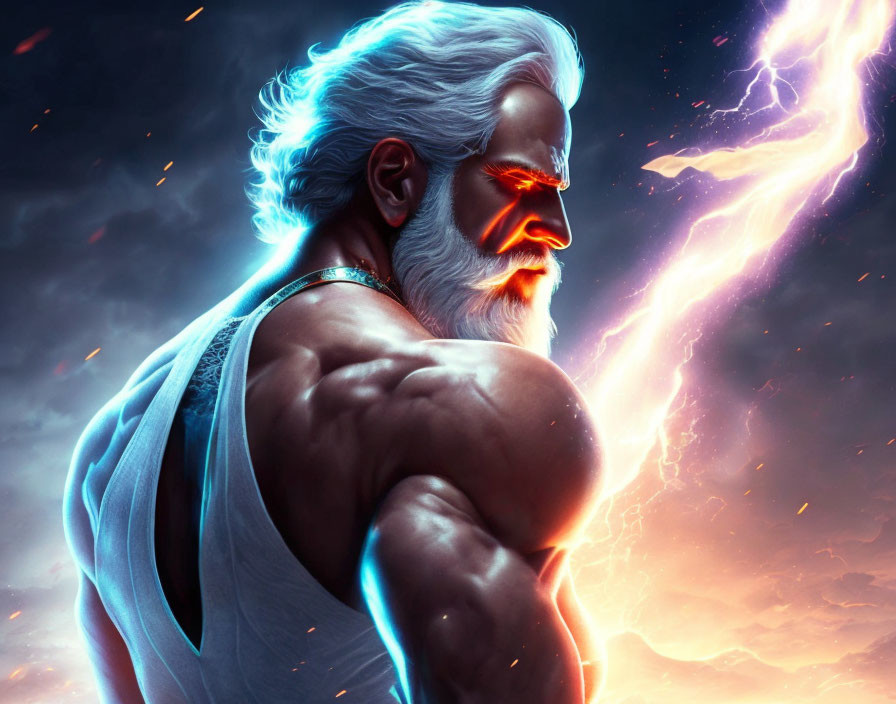 Digitally illustrated muscular man with glowing eyes and white hair against dramatic lightning and fiery sky