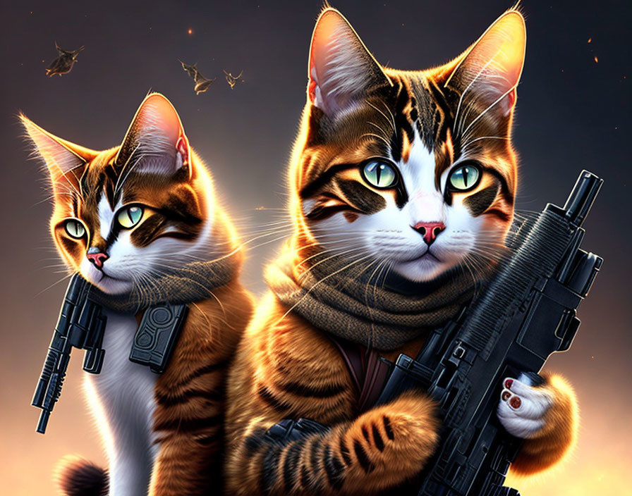 Anthropomorphized cats in combat gear with guns on fiery battlefield