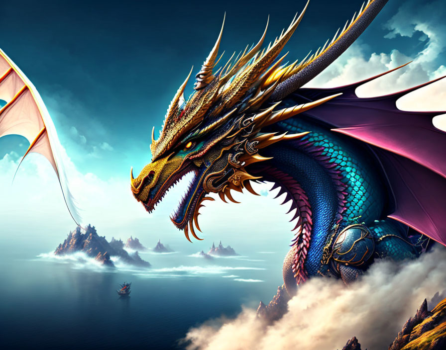 Majestic dragon perched on cliff overlooking sea with ships