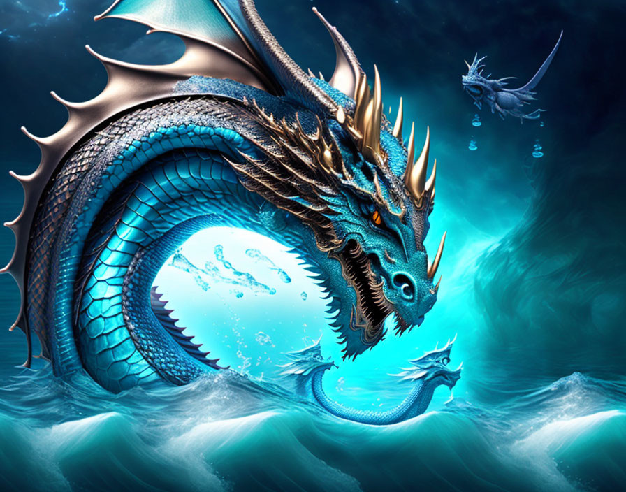 Majestic blue dragons in mystical underwater scene