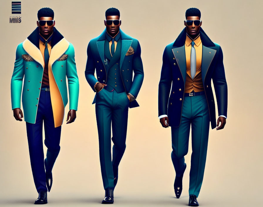 Fashion Models in Coordinated Teal and Brown Suits on Gradient Background
