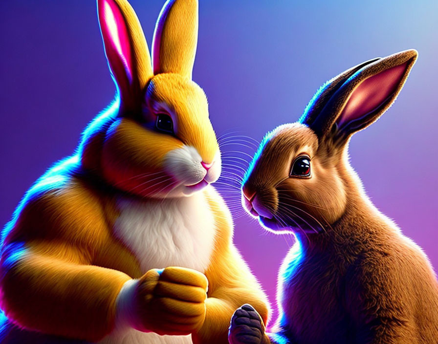 Colorful anthropomorphic rabbits under vibrant lighting interact.