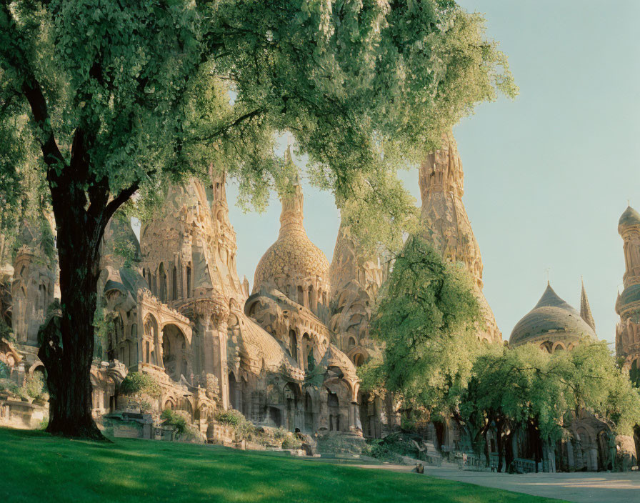 Ornate Stone Building with Spires Amid Green Trees