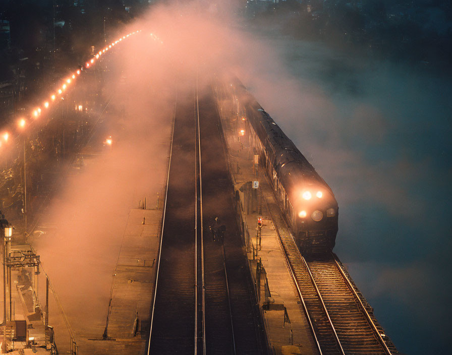 Twilight train emerging from mist with glowing lights