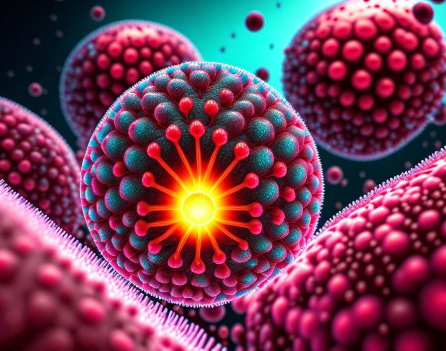 Detailed 3D illustration of vibrant spherical viruses with glowing center