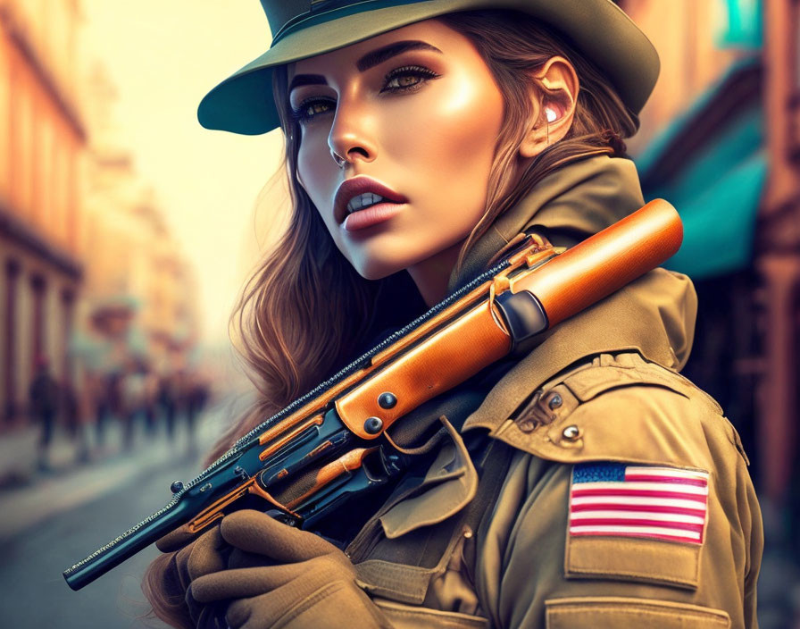 Stylized woman in military attire with rifle and USA flag patch in urban setting