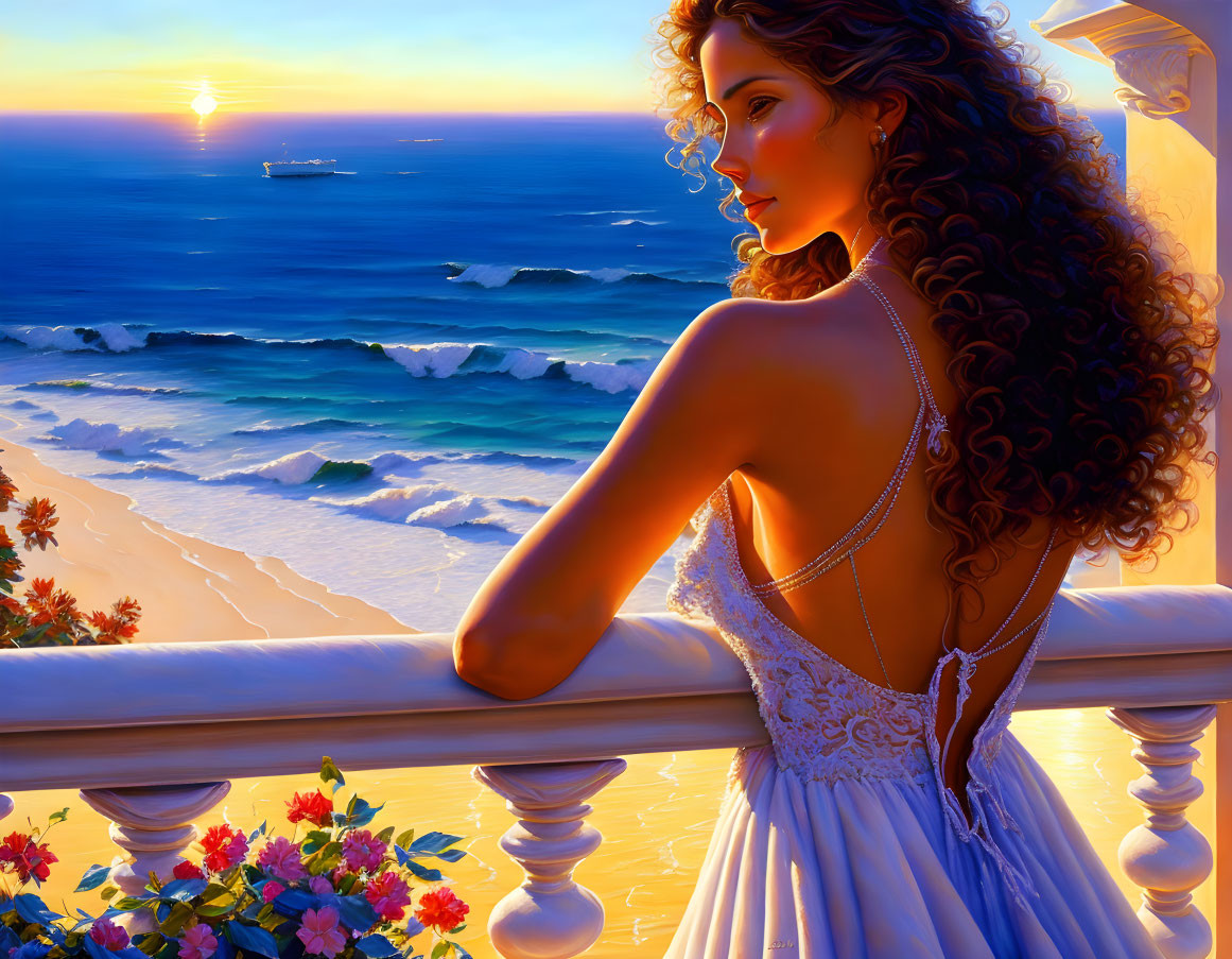 Woman in white dress on balcony overlooking beach sunset with flowers and boat.
