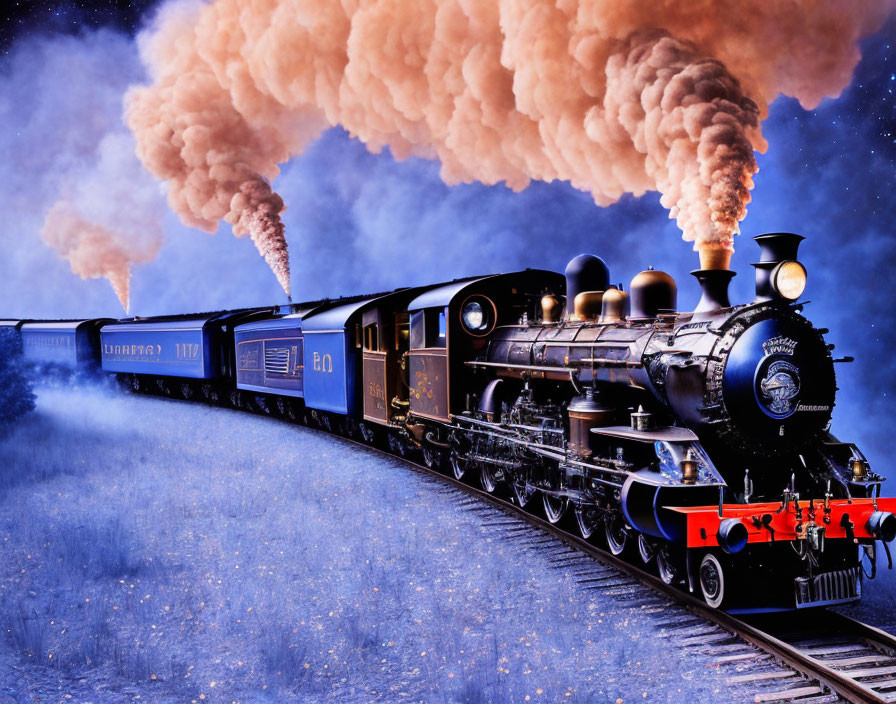 Vintage steam locomotive in dramatic blue landscape at dusk