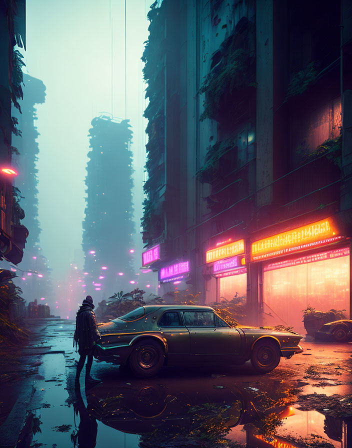 Urban Alley Scene with Neon Lights and Rain Reflections