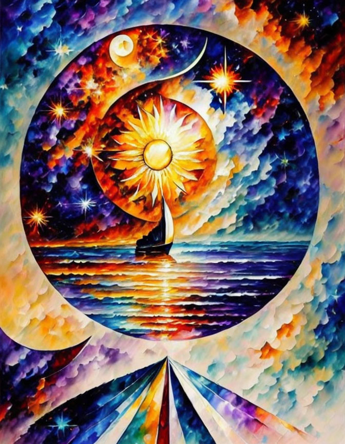 Vivid yin yang painting with sun, moon, stars, and boat on water