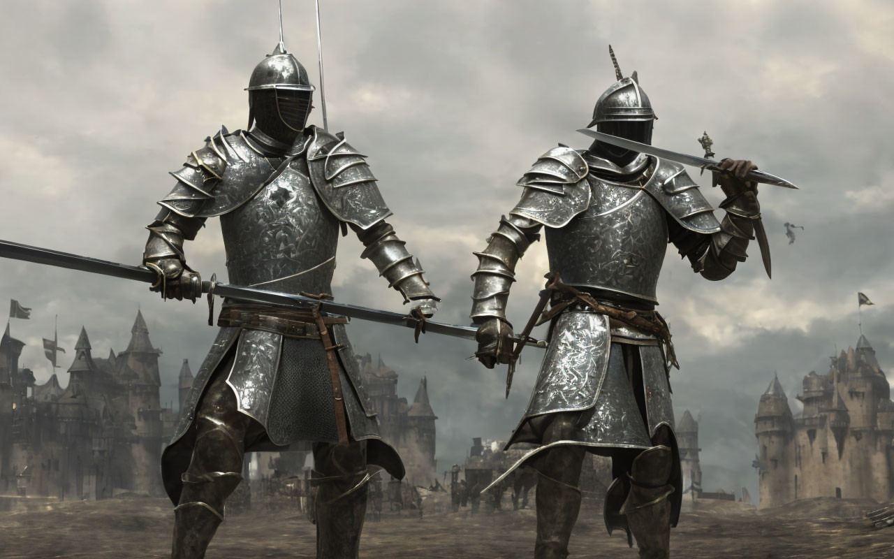 Medieval knights in full plate armor with swords and lances in front of a castle and stormy