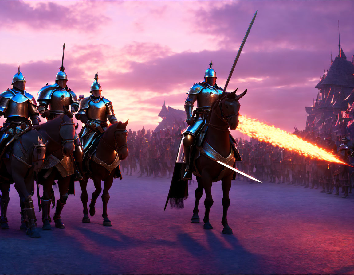 Animated knights on horseback facing dragon breathing fire at dusk