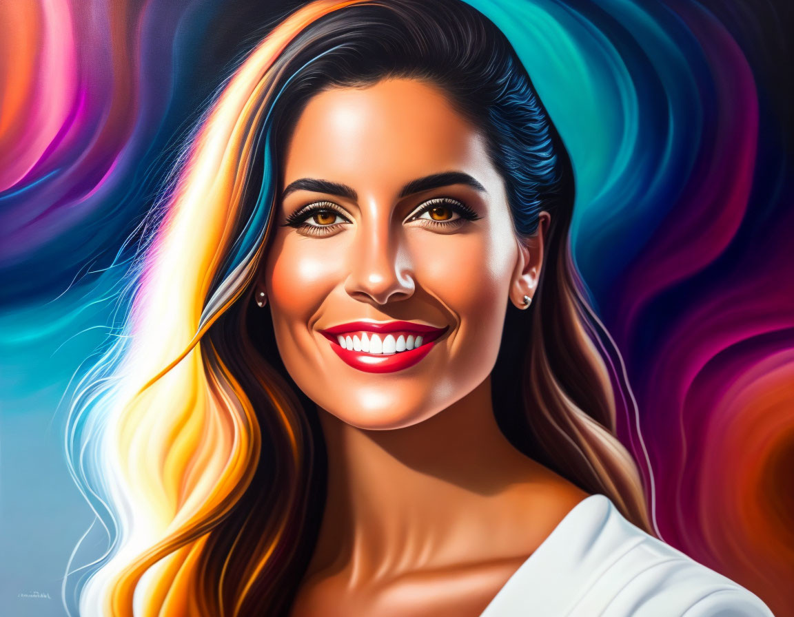 Colorful digital portrait of smiling woman with flowing hair in abstract background