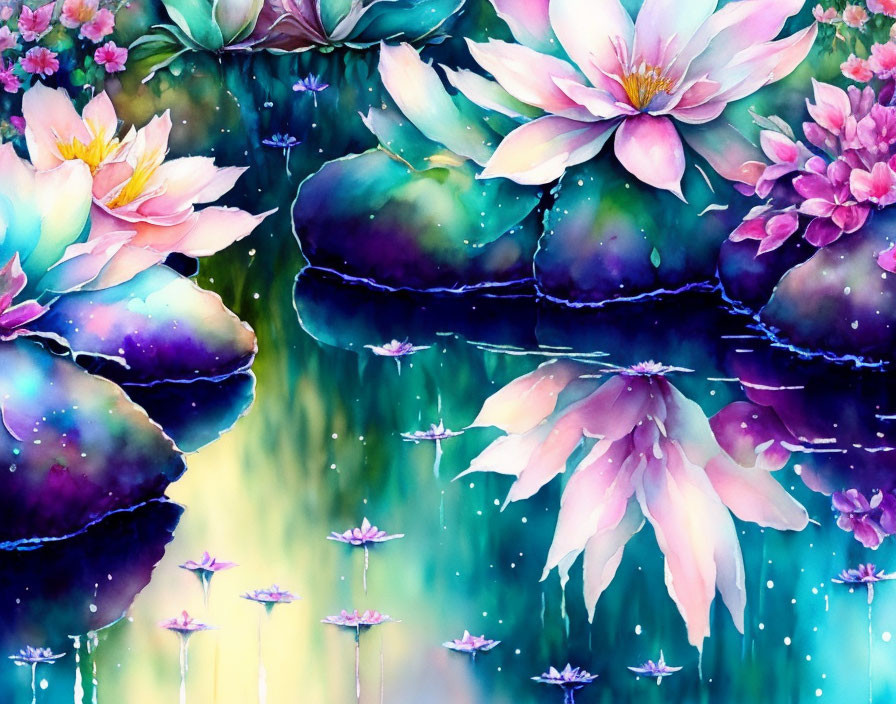 Colorful Watercolor Painting of Lotus Flowers and Lily Pads on Tranquil Pond