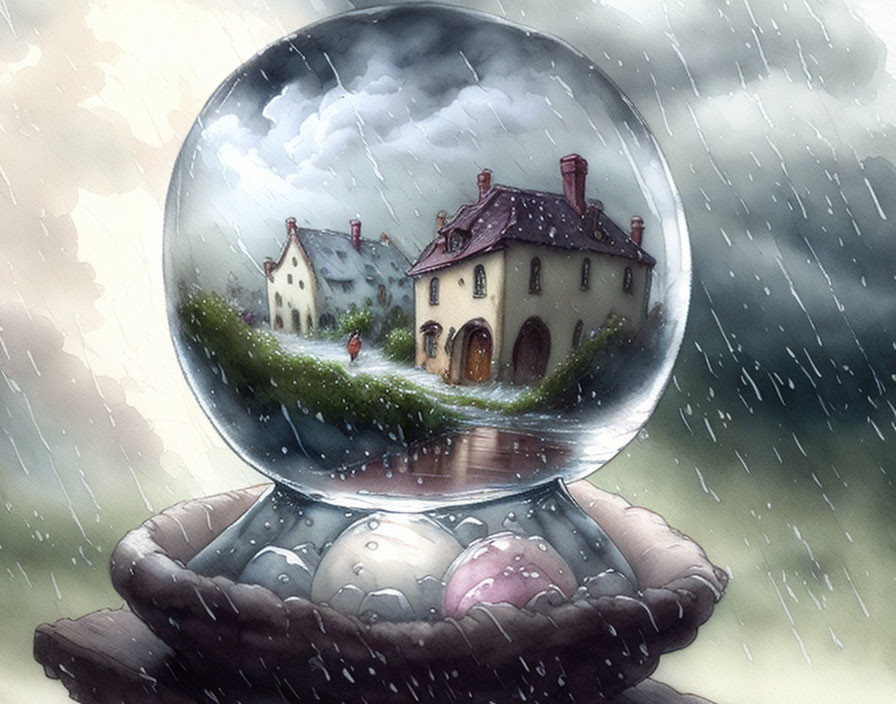 Crystal Ball Depicting Cozy House in Rainy Greenery