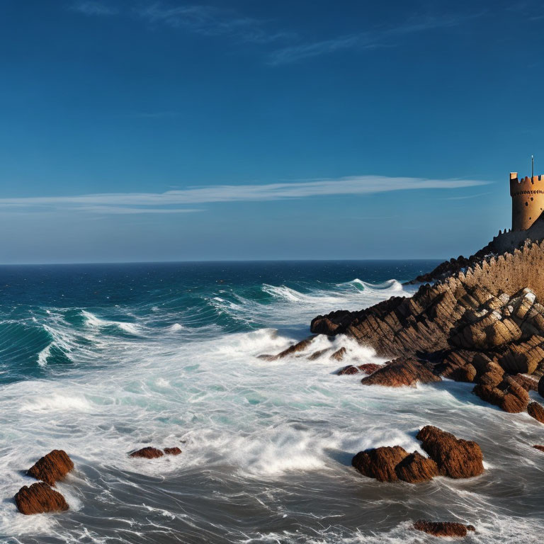 Rocky shore with ocean waves by medieval fort under clear blue sky