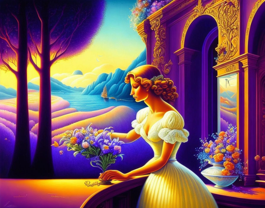 Curly-haired woman illustration on balcony overlooking vibrant purple landscape