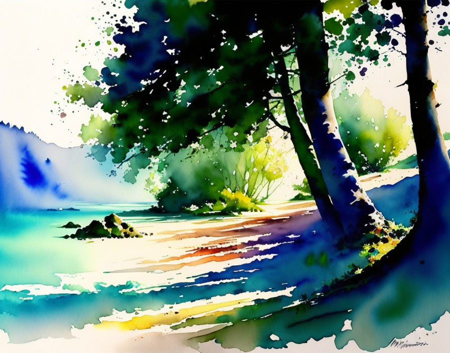 Serene lakeside scene with vibrant watercolor brushstrokes