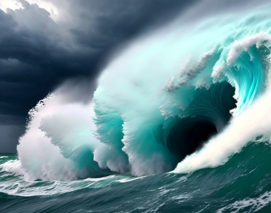 Towering Wave with Hollow Barrel Under Stormy Sky