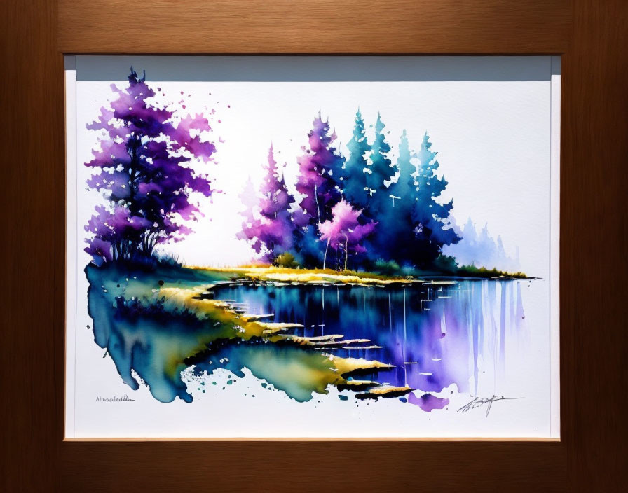 Serene forest and lake watercolor painting with purple and blue tones