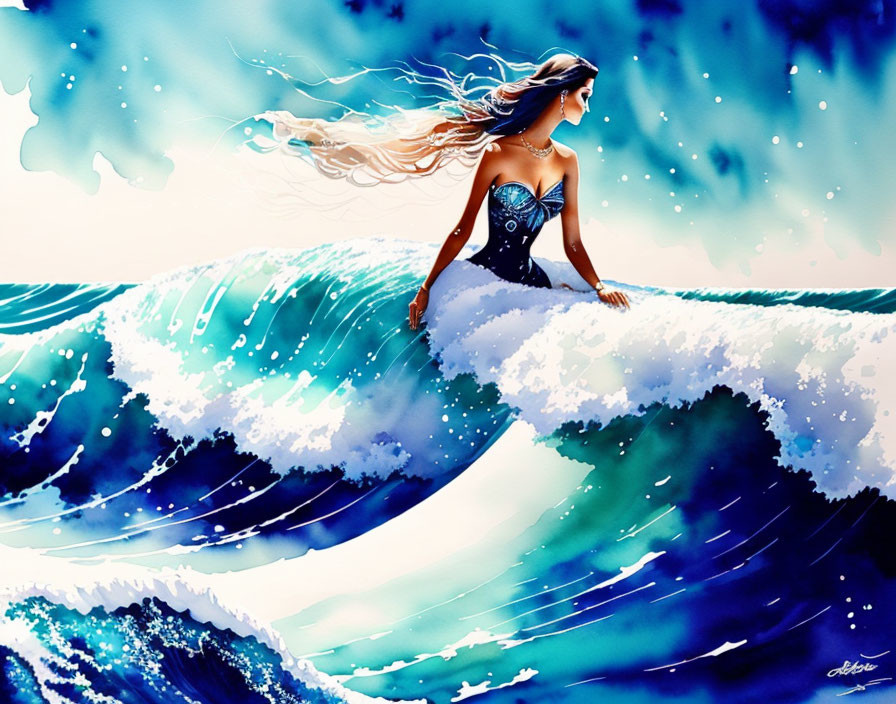 Illustration of woman surfing a wave with flowing hair