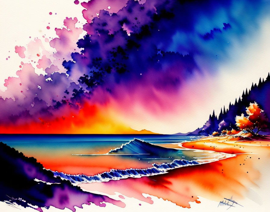 Colorful Watercolor Painting of Sunset Reflecting on Tranquil Sea