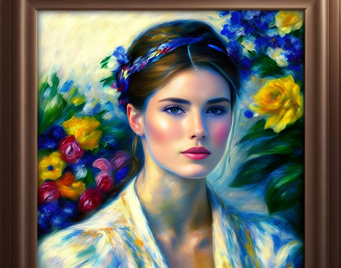 Portrait of Woman with Floral Headband Surrounded by Vibrant Flowers
