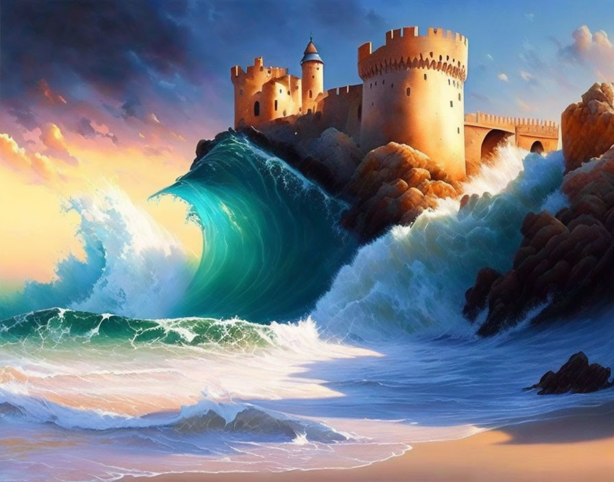 Fantasy castle on coastal cliff with approaching wave under dramatic sky