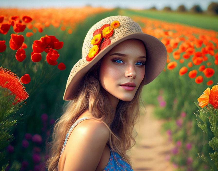 Blue-eyed woman in sunhat surrounded by red poppies