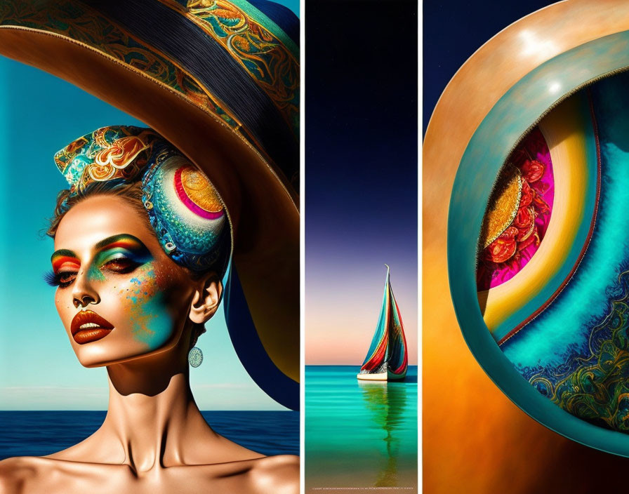 Colorful woman with elaborate makeup and boat with vibrant sails in artistic collage