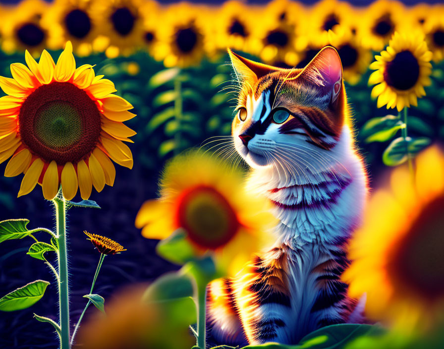 Colorful Tabby Cat in Vibrant Sunflower Field at Golden Hour