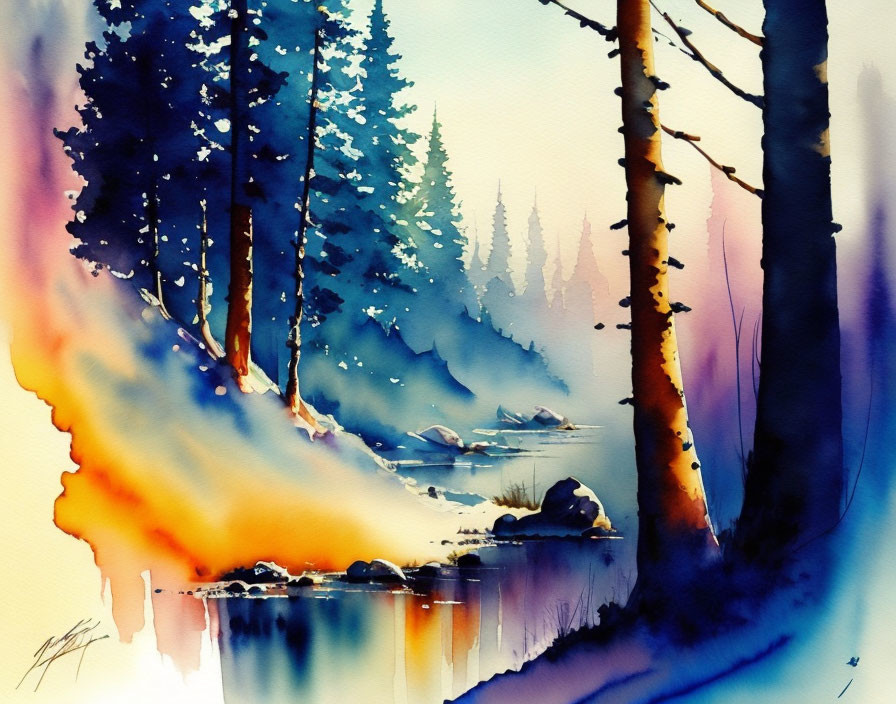 Colorful watercolor painting: Forest, trees, sunset reflection