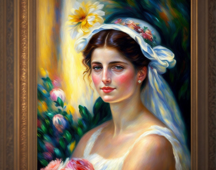 Classic Oil Painting of Woman with Floral Headpiece in Warm Color Palette