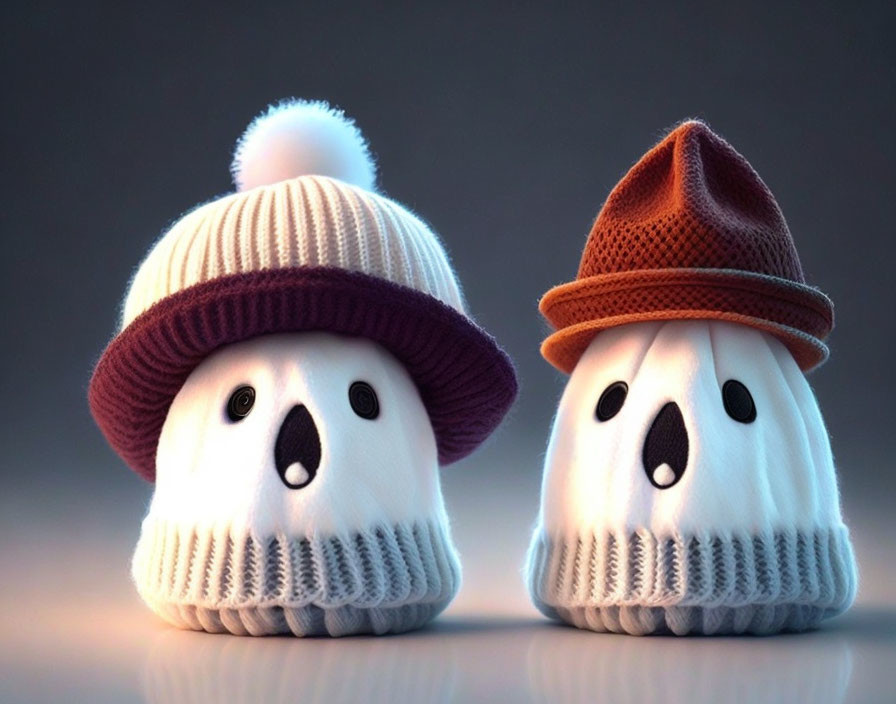 Adorable ghost characters in beanies and fedora hats on grey backdrop