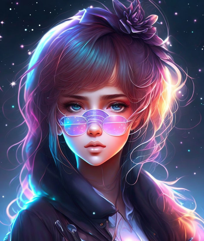 Multicolored hair and holographic glasses in fantasy digital art