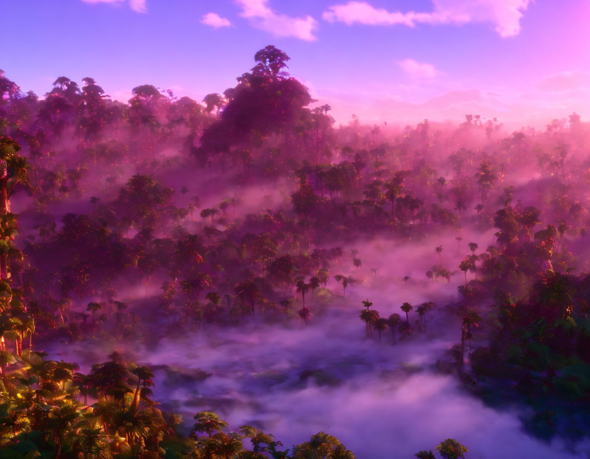 Mystical fog-enveloped jungle with purple-hued sky at sunrise or sunset