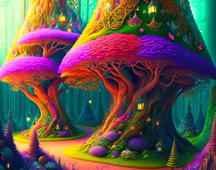 Colorful Whimsical Fantasy Forest with Glowing Ornaments
