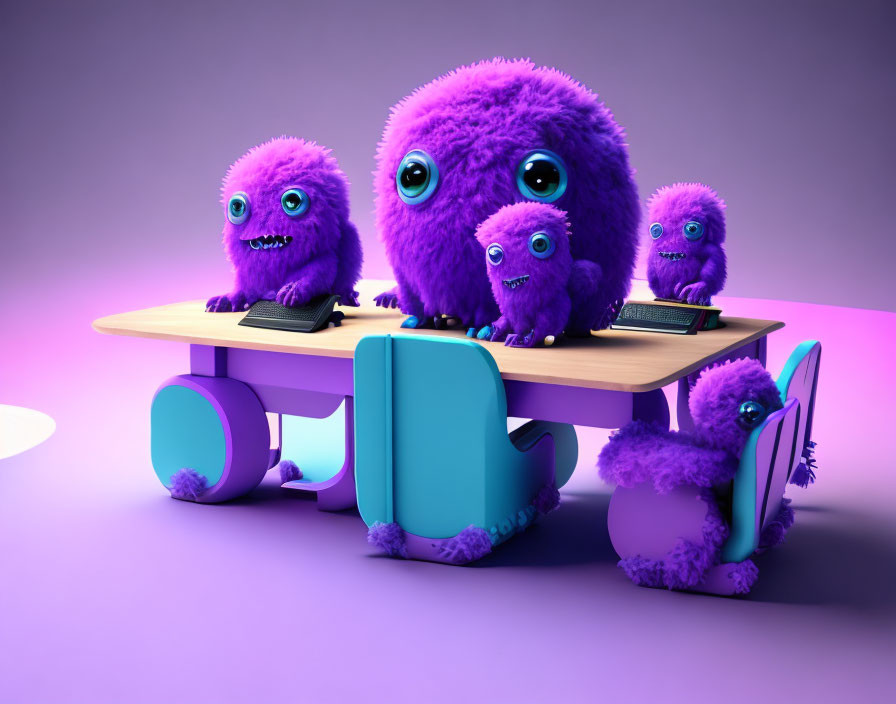 Five fluffy purple creatures with big eyes on a desk with a computer and keyboard in a whimsical violet
