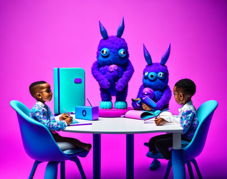 Two children and two furry monsters with horns at a table with school supplies on pink backdrop