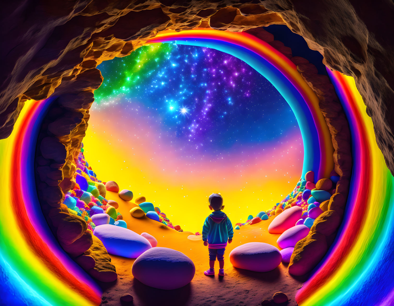 Child gazes at vibrant sky with stars, rainbow arc, and luminous stones