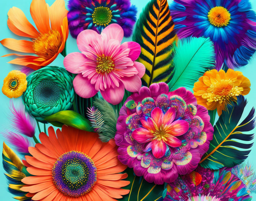 Colorful Flowers and Feathers Arrangement in Various Hues