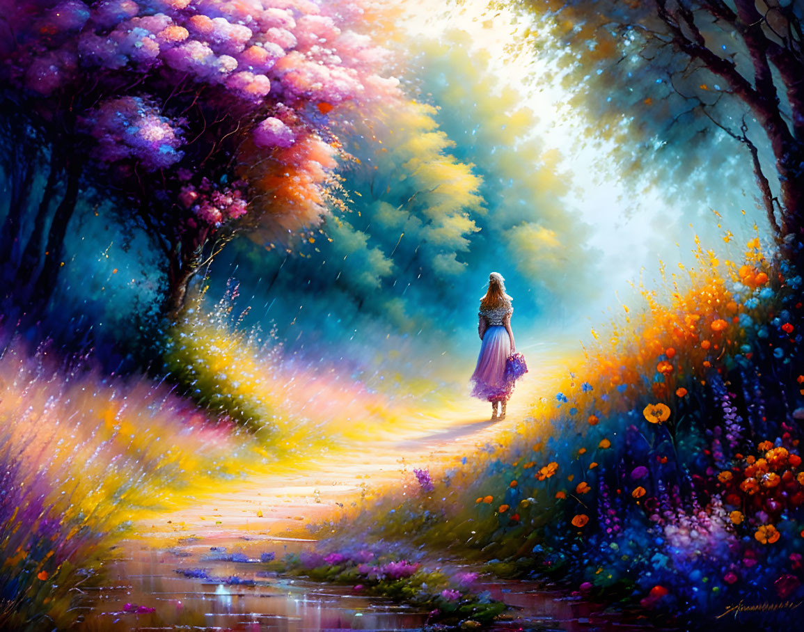 Woman in Blue Dress Walking Through Vibrant Forest Path